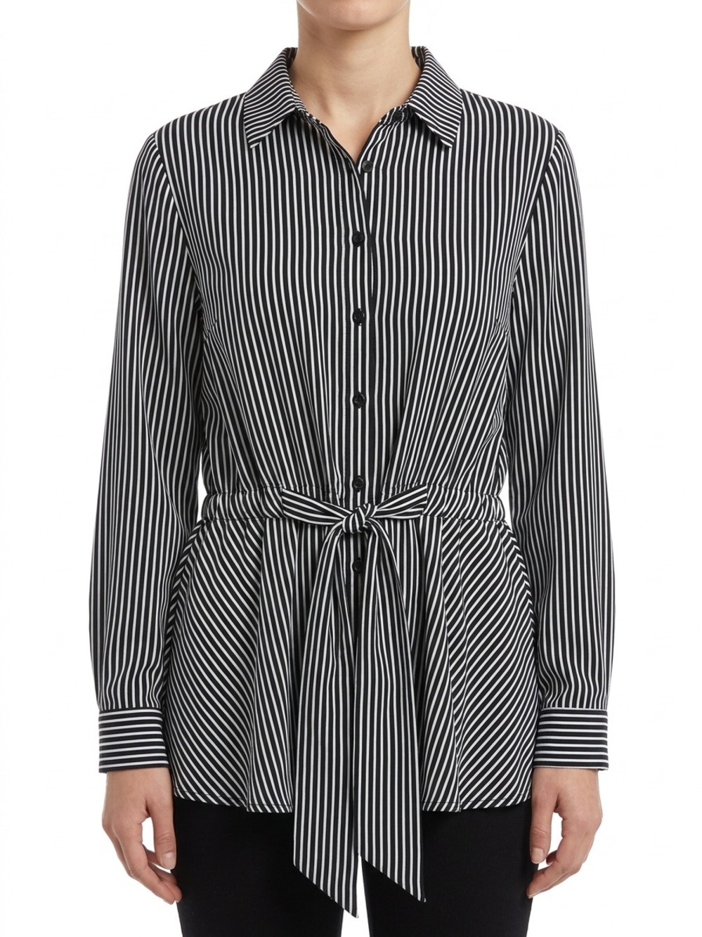 Striped Tie Front Blouse Black White Button Down Long Sleeve XXL